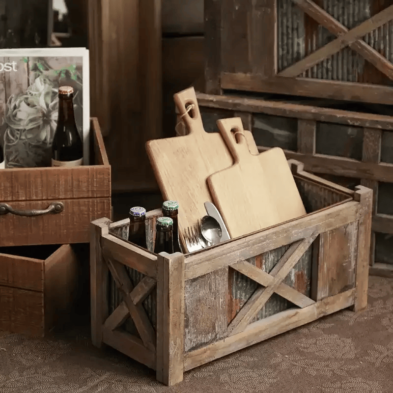 Weathered Wood and Metal Garden Storage Planter