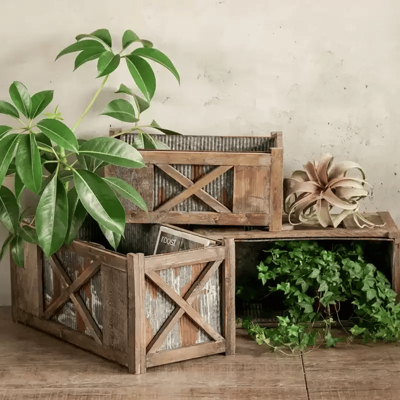 Weathered Wood and Metal Garden Storage Planter