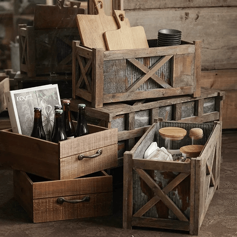 Weathered Wood and Metal Garden Storage Planter