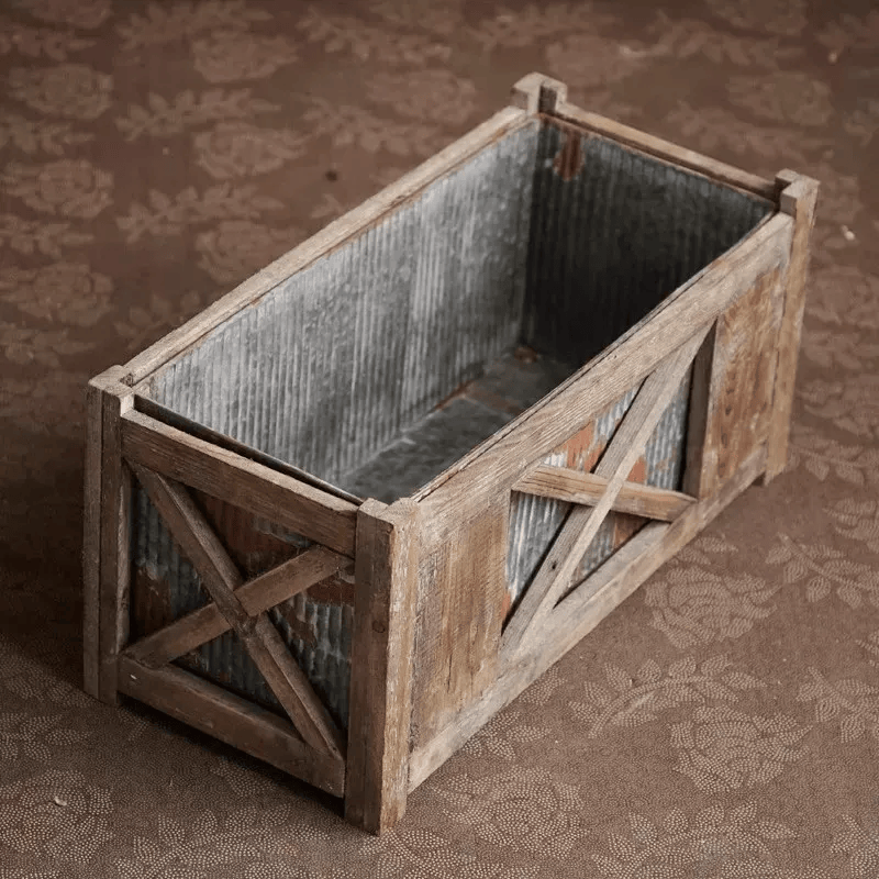 Weathered Wood and Metal Garden Storage Planter