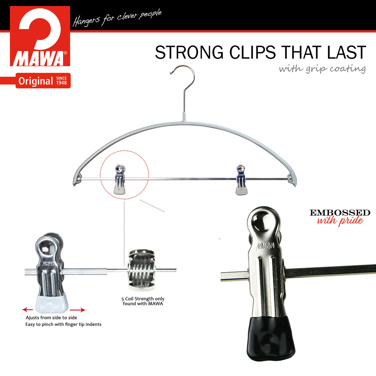 MAWA Euro 40-PK Hanger with Pant Bar & Two Clips, Silver