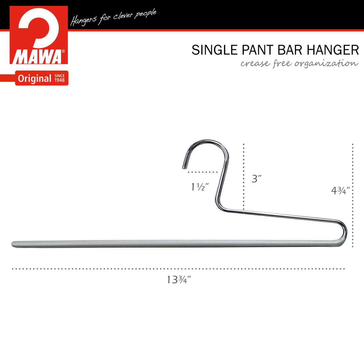 MAWA Trouser Hanger, KH-1, Single Rod, Silver