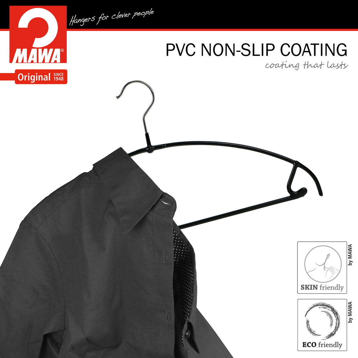 MAWA Euro Ultra Thin 42-PTU Hanger with Pant Bar & Skirt Hooks, Black