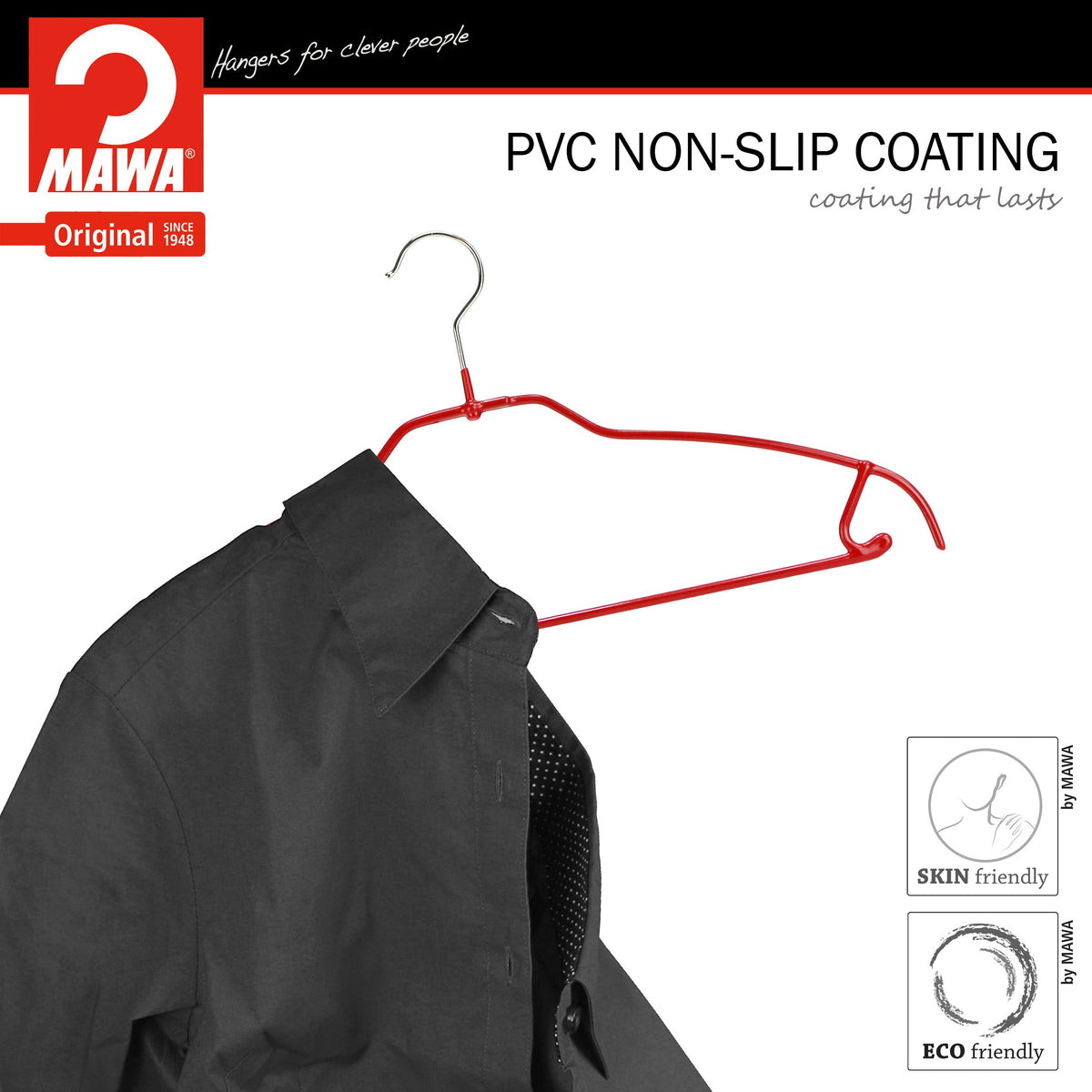 MAWA Silhouette Ultra Thin 42-FTU Hanger with Pant Bar & Skirt Hooks, Red