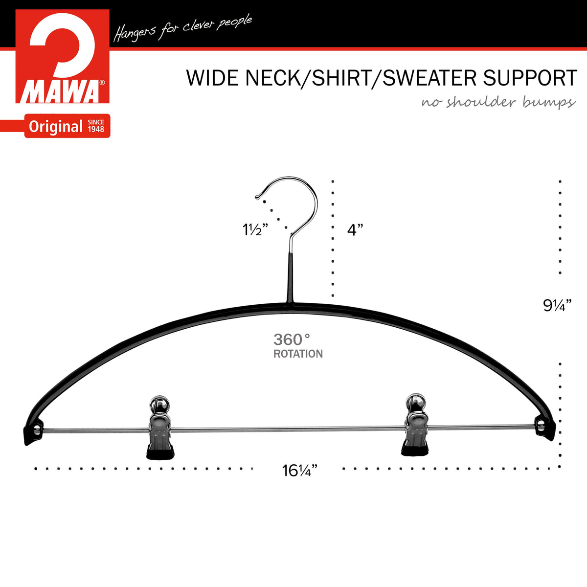 MAWA Euro 40-PK Hanger with Pant Bar & Two Clips, Black