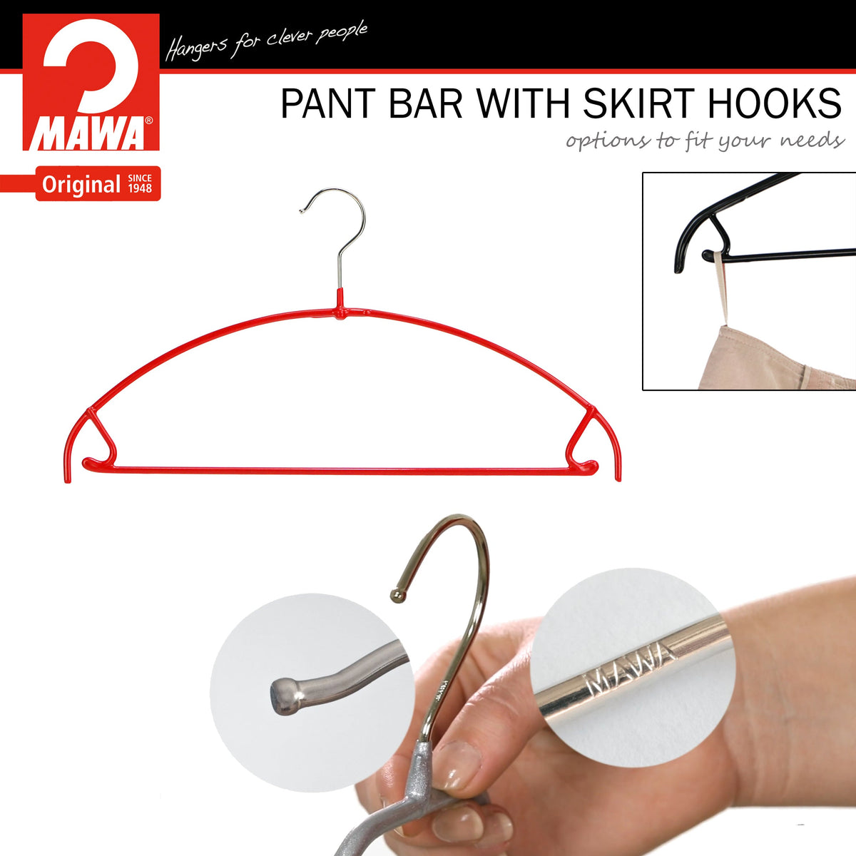 MAWA Euro Ultra Thin 42-PTU Hanger with Pant Bar & Skirt Hooks, New Red