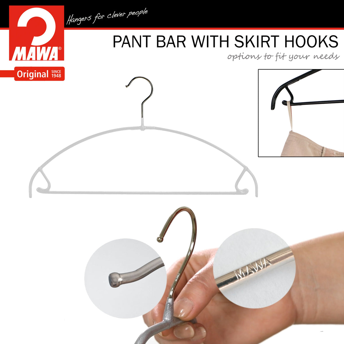 MAWA Euro Ultra Thin 42-PTU Hanger with Pant Bar & Skirt Hooks, White