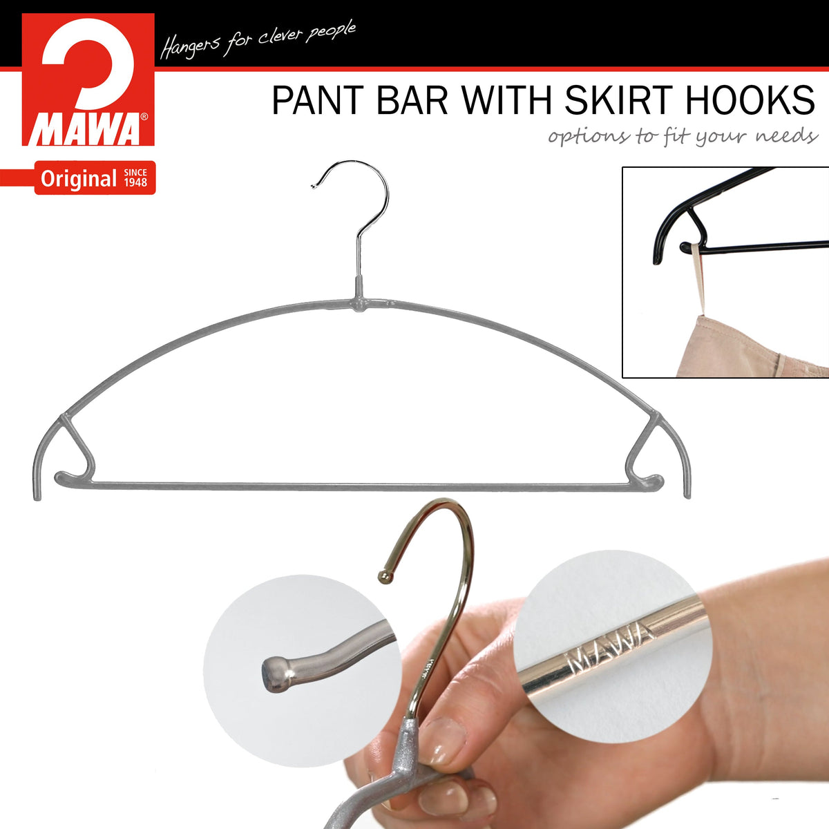 MAWA Euro Ultra Thin 42-PTU Hanger with Pant Bar & Skirt Hooks, Silver