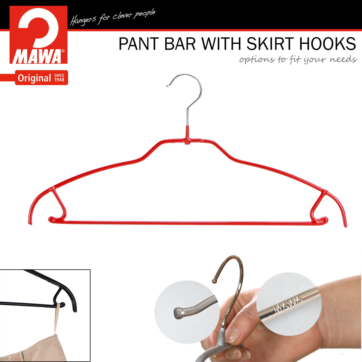 MAWA Silhouette Ultra Thin 42-FTU Hanger with Pant Bar & Skirt Hooks, Red