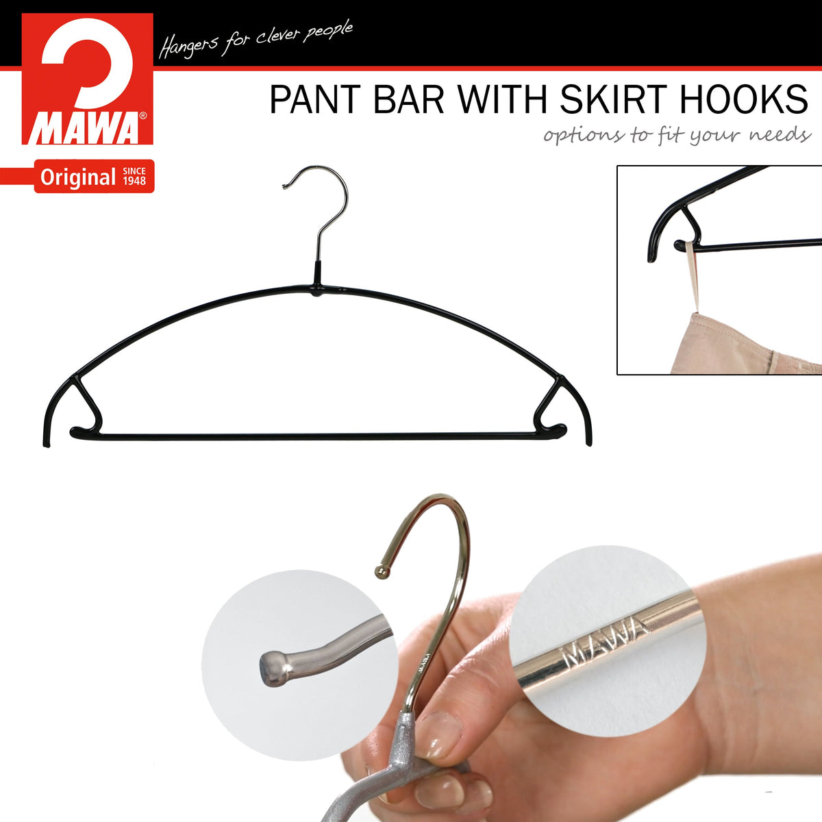 MAWA Euro Ultra Thin 42-PTU Hanger with Pant Bar & Skirt Hooks, Black