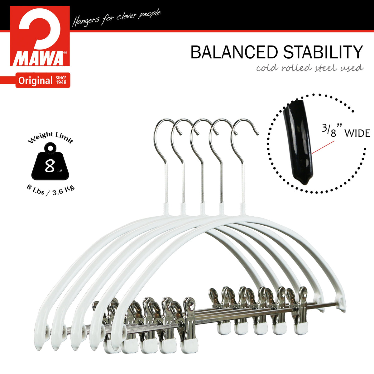 MAWA Euro 40-PK Hanger with Pant Bar & Two Clips, White