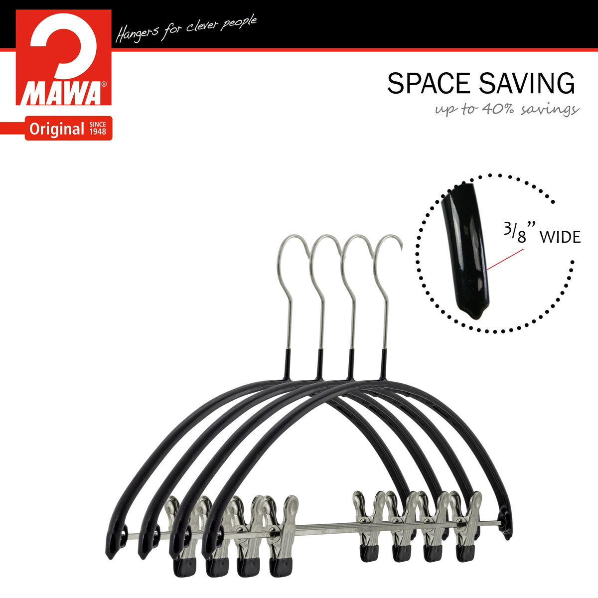MAWA Euro 40-PK Hanger with Pant Bar & Two Clips, Black