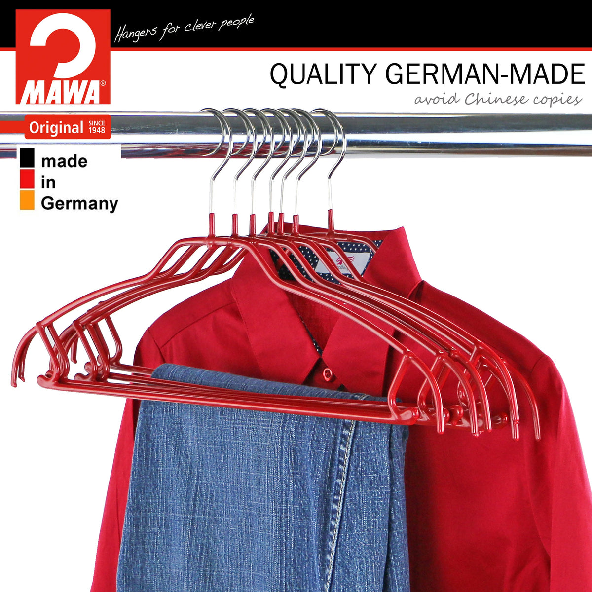 MAWA Silhouette Ultra Thin 42-FTU Hanger with Pant Bar & Skirt Hooks, Red