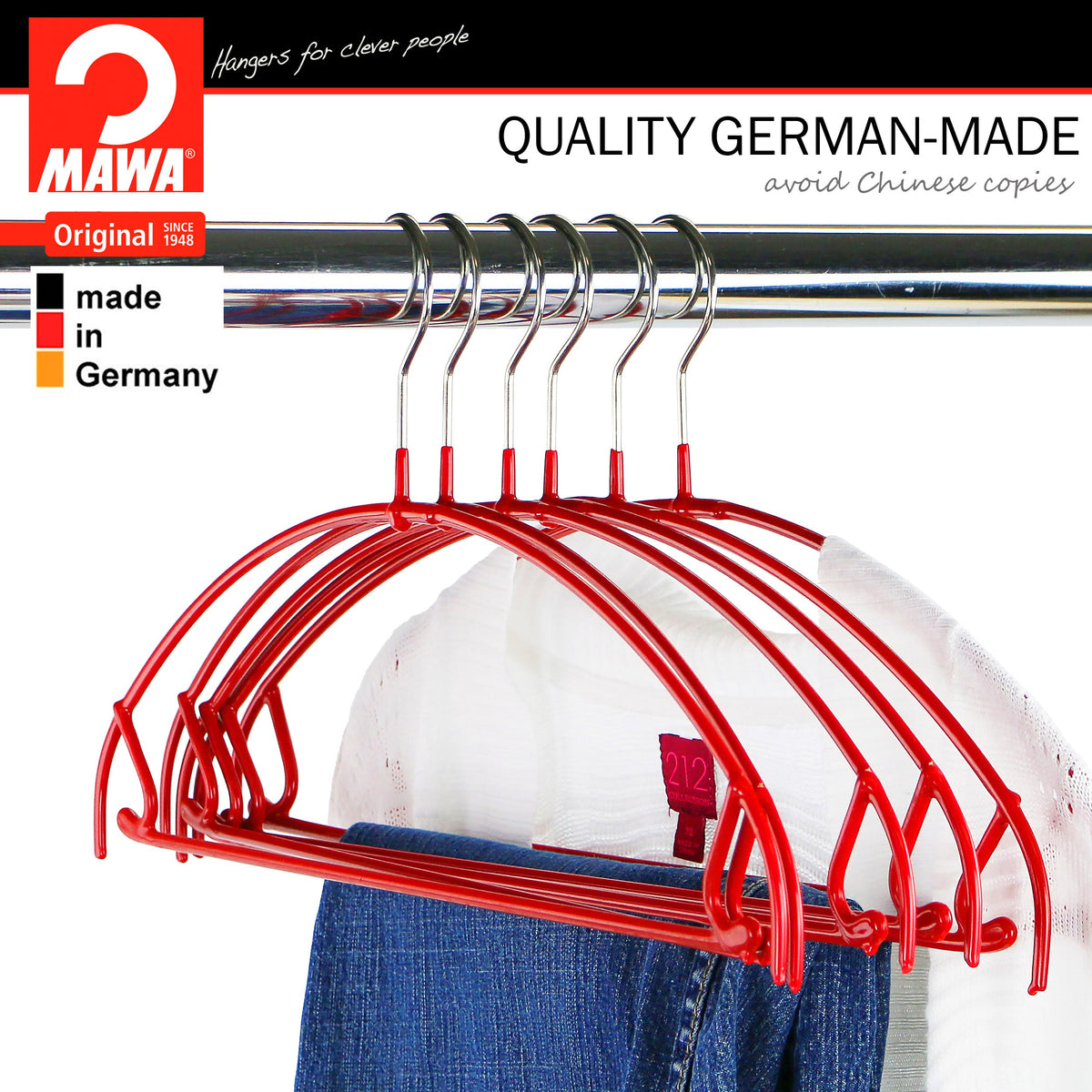 MAWA Euro Ultra Thin 42-PTU Hanger with Pant Bar & Skirt Hooks, New Red