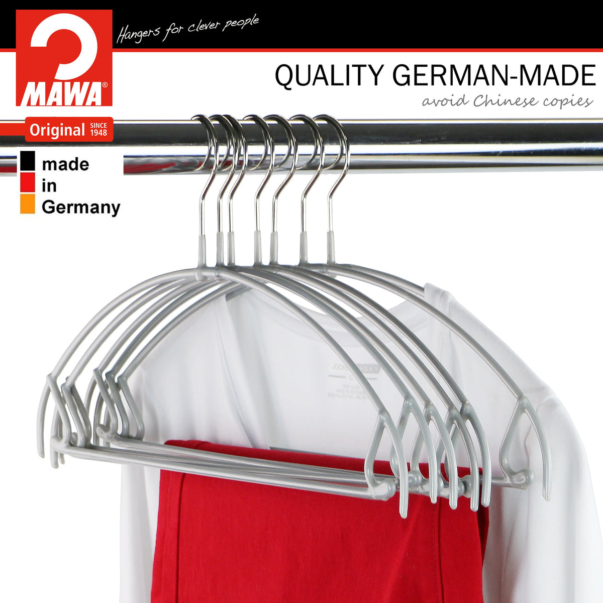 MAWA Euro Ultra Thin 42-PTU Hanger with Pant Bar & Skirt Hooks, Silver