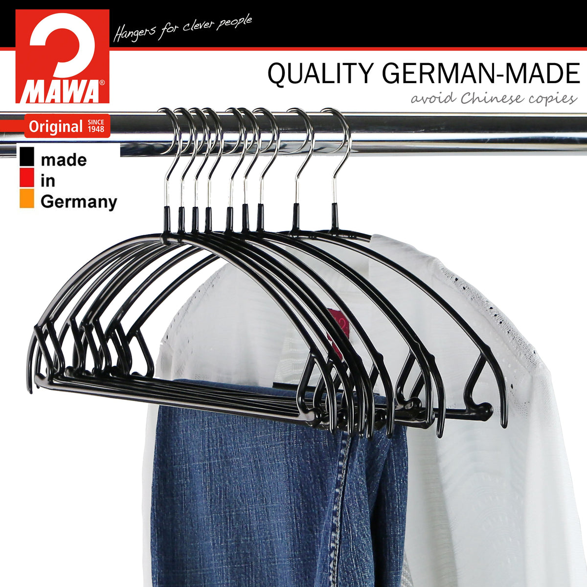 MAWA Euro Ultra Thin 42-PTU Hanger with Pant Bar & Skirt Hooks, Black