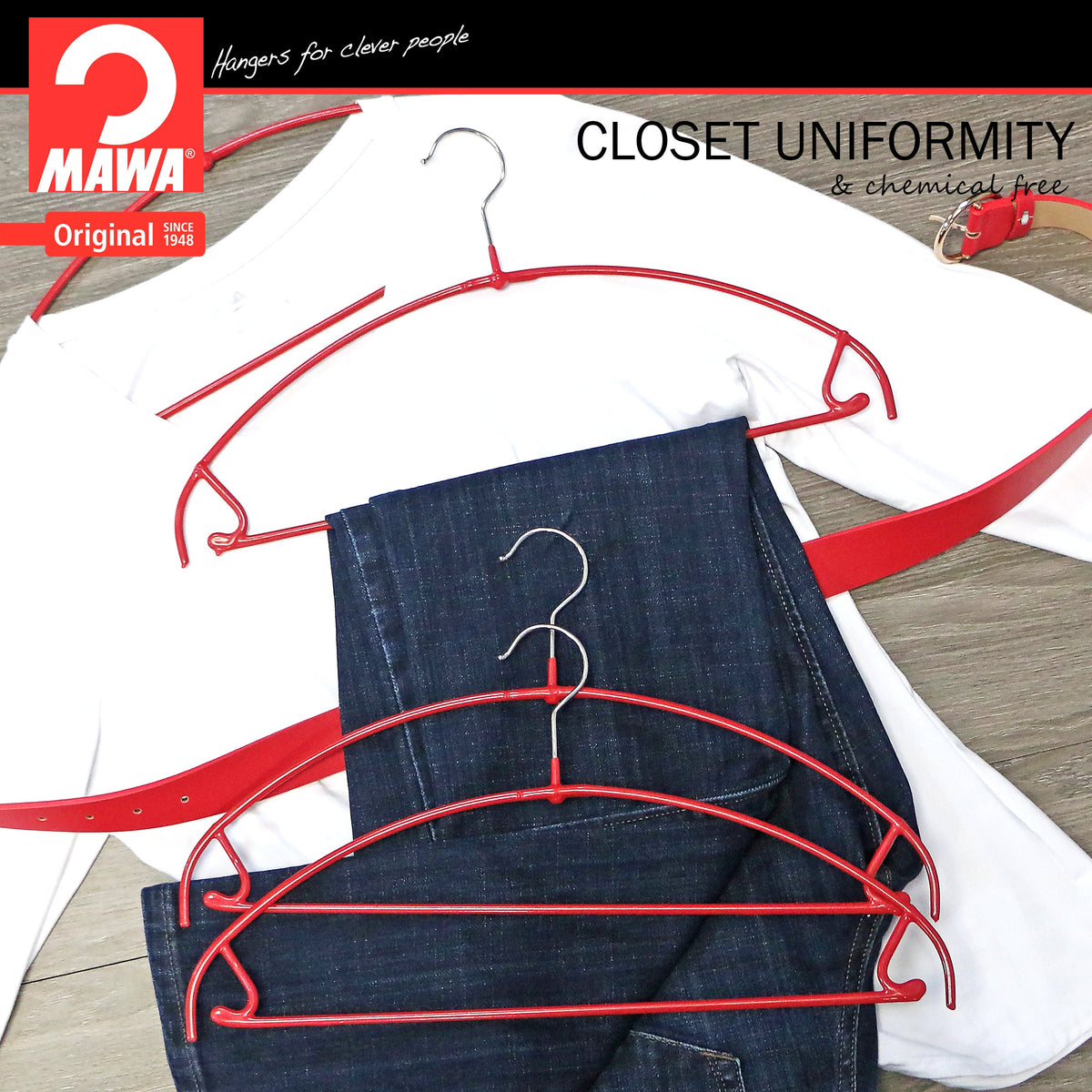 MAWA Euro Ultra Thin 42-PTU Hanger with Pant Bar & Skirt Hooks, New Red