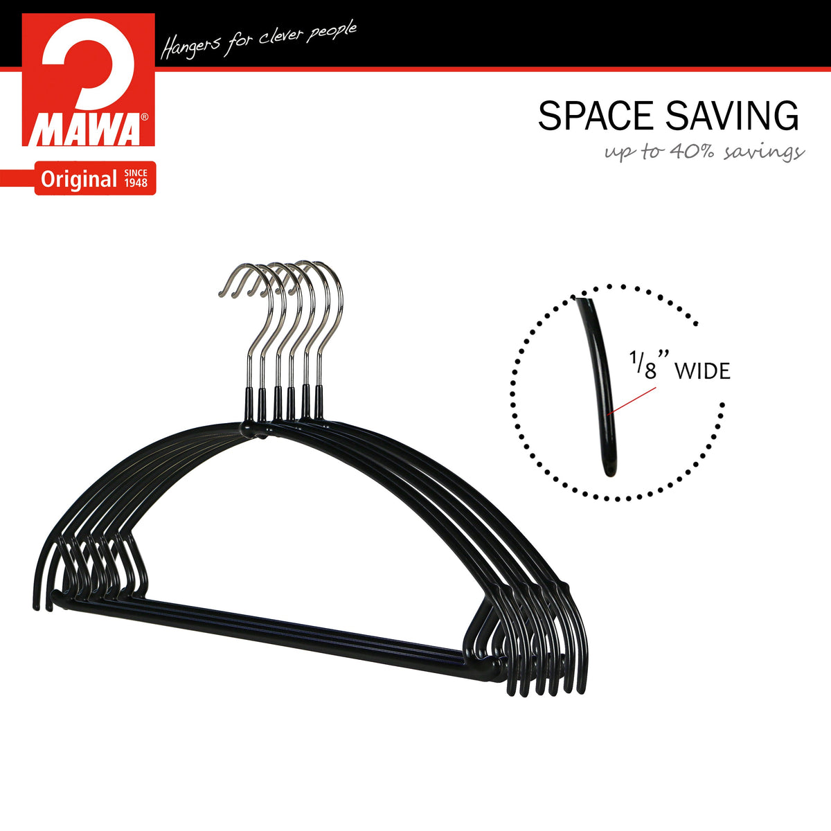 MAWA Euro Ultra Thin 42-PTU Hanger with Pant Bar & Skirt Hooks, Black