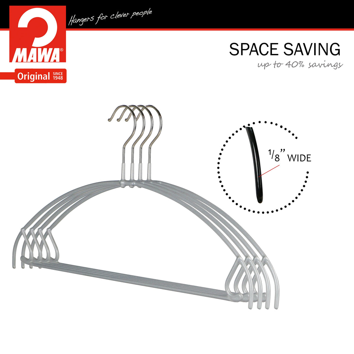MAWA Euro Ultra Thin 42-PTU Hanger with Pant Bar & Skirt Hooks, Silver