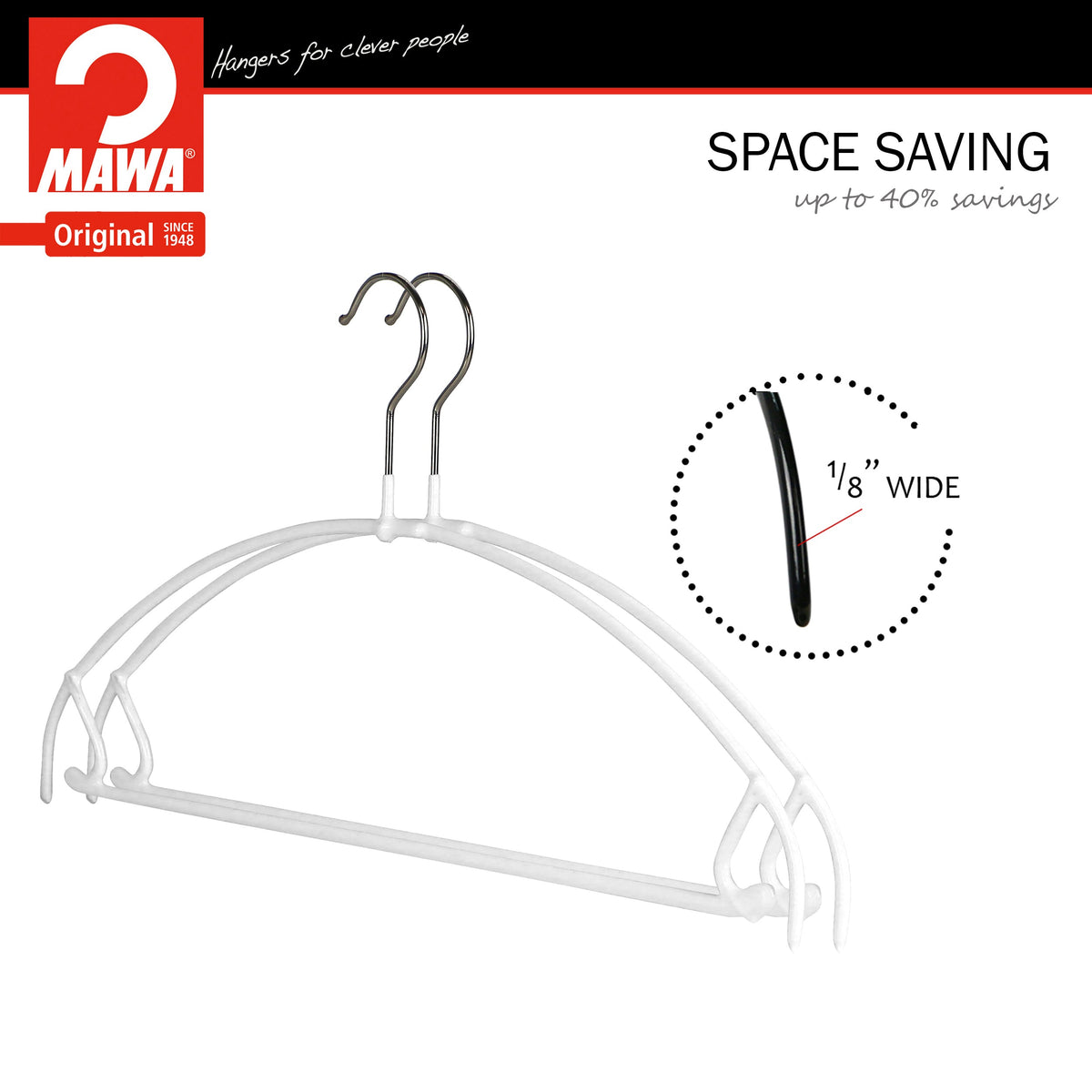 MAWA Euro Ultra Thin 42-PTU Hanger with Pant Bar & Skirt Hooks, White