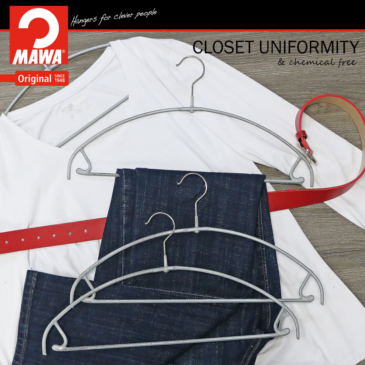MAWA Euro Ultra Thin 42-PTU Hanger with Pant Bar & Skirt Hooks, Silver