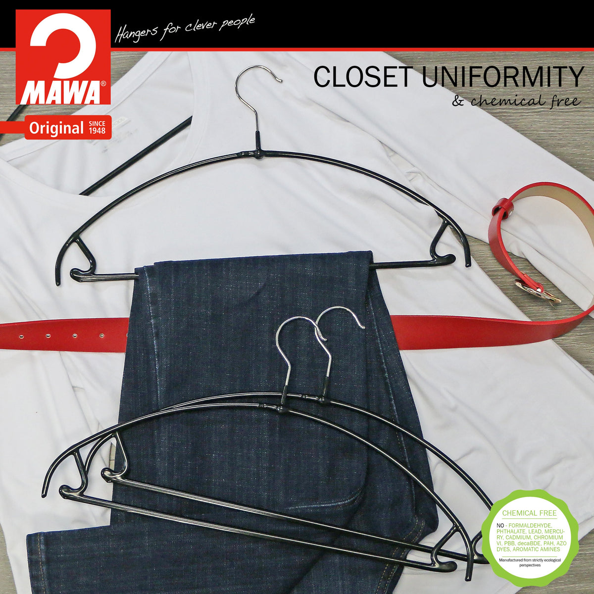 MAWA Euro Ultra Thin 42-PTU Hanger with Pant Bar & Skirt Hooks, Black