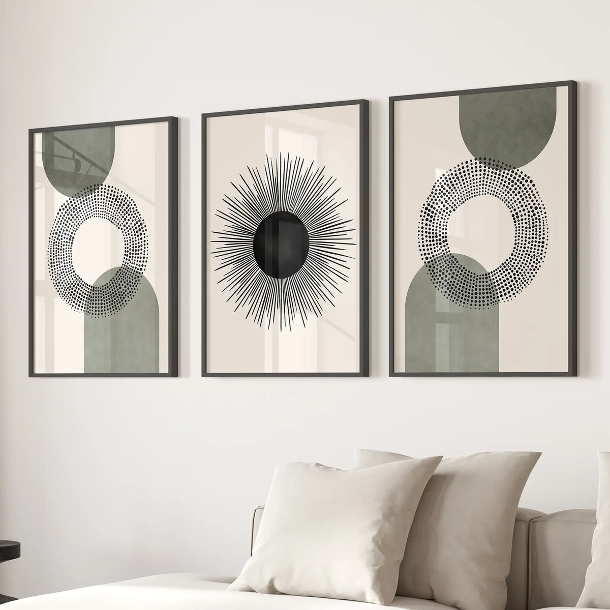 Set of 3 Boho Prints. Sage Green Modern Mid Century Wall Art.