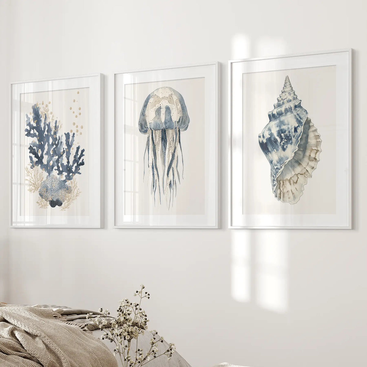 Beach House Wall Art Set. Blue Coral, Jellyfish, Shell