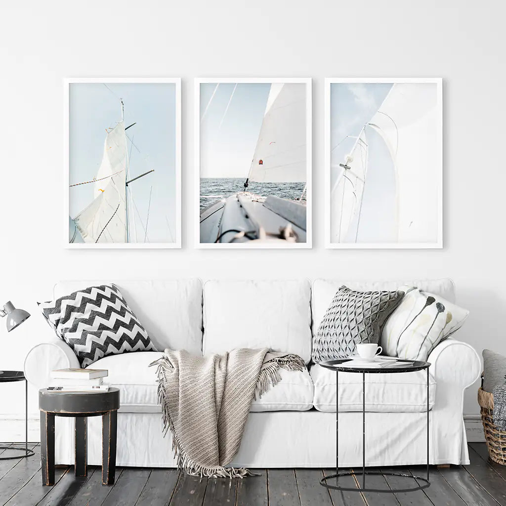 Coastal Sailboat Wall Art Set of 3. Nautical Ocean Sailing Prints