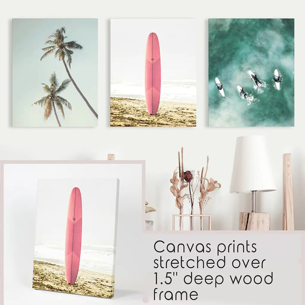 Pink Surfboard Wall Art. Pastel Beach, Waves, Tropical Palms