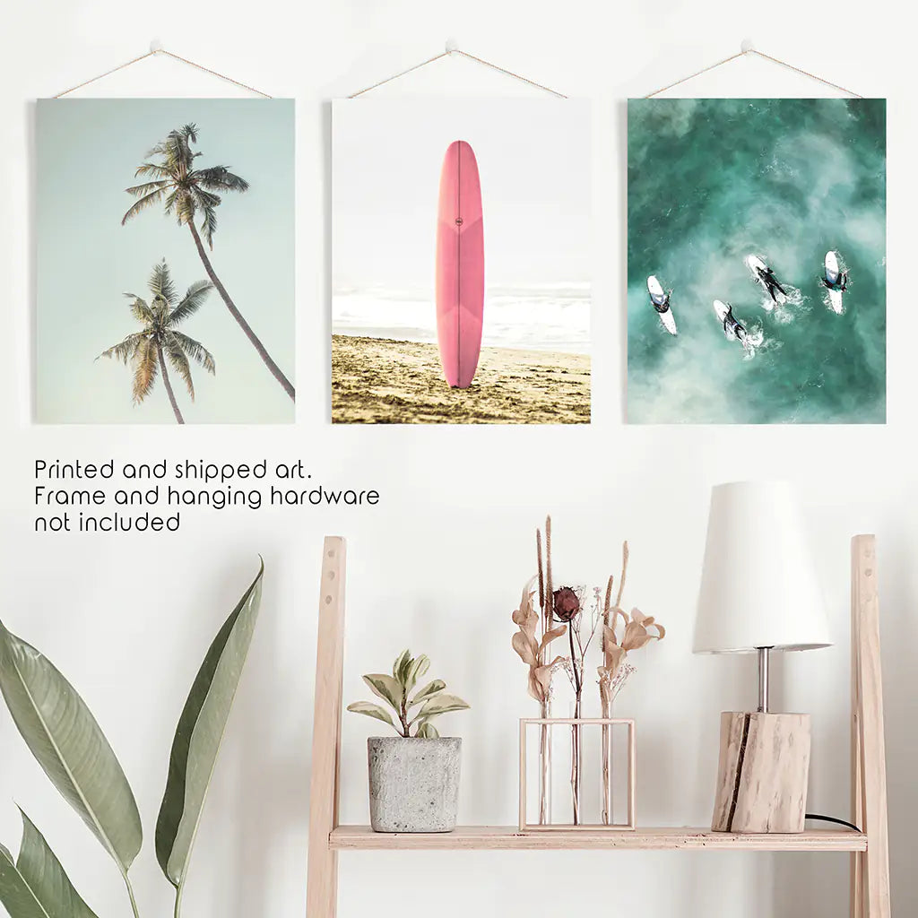 Pink Surfboard Wall Art. Pastel Beach, Waves, Tropical Palms
