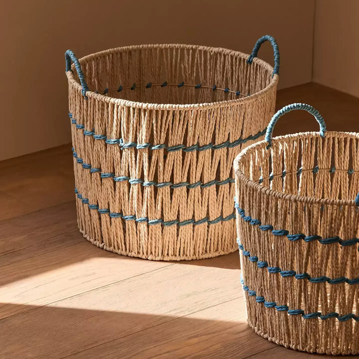 Blue Accent Cotton and Jute Rope Storage Basket