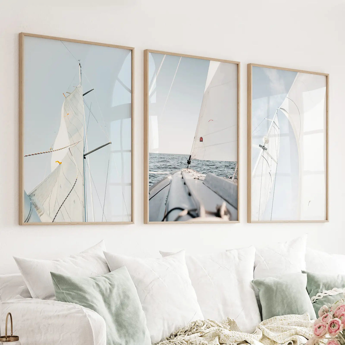 Coastal Sailboat Wall Art Set of 3. Nautical Ocean Sailing Prints