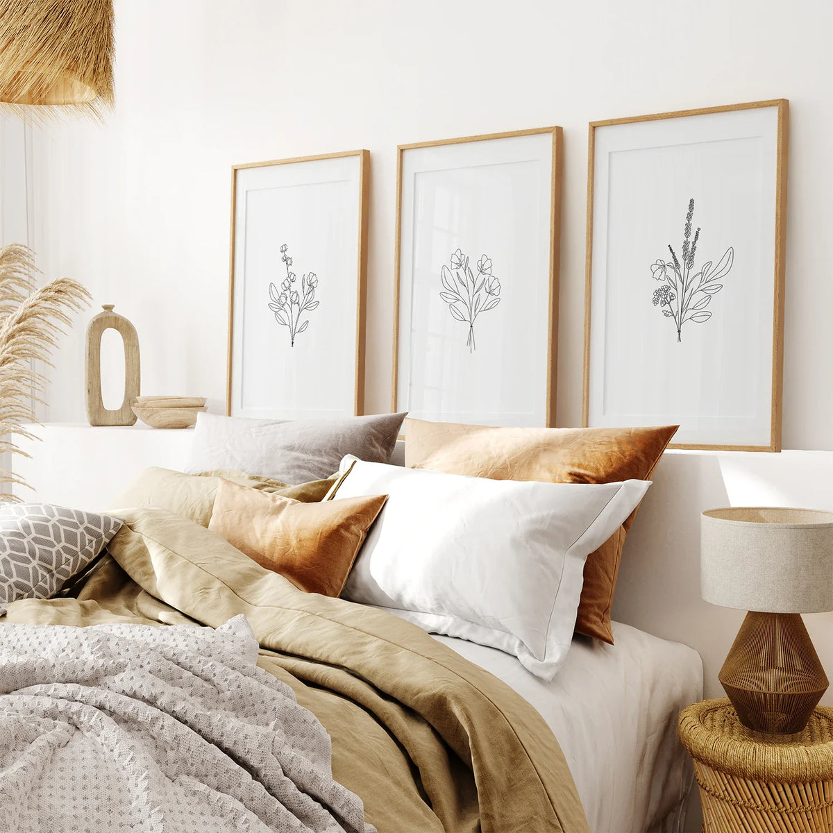 Flower Line Art Set of 3 Prints - Botanical Wall Décor