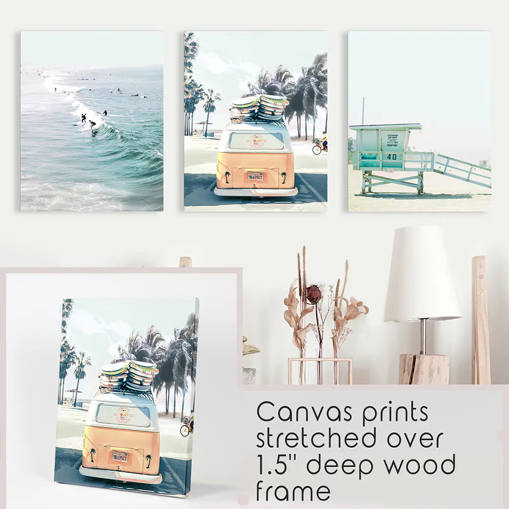 California Wall Art. Surfers on the Waves, Yellow Van, Lifeguard