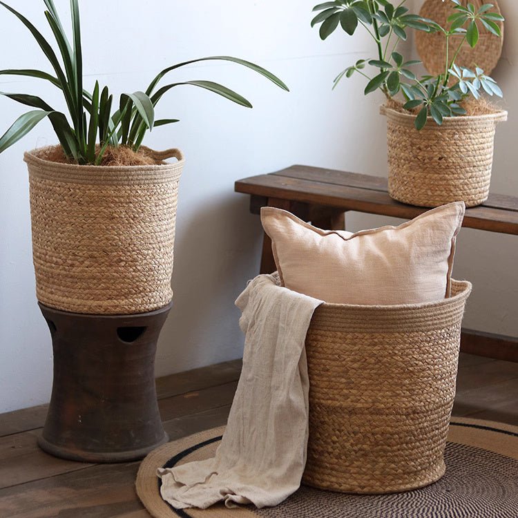 Natural Straw Cylinder Storage and Planter Basket