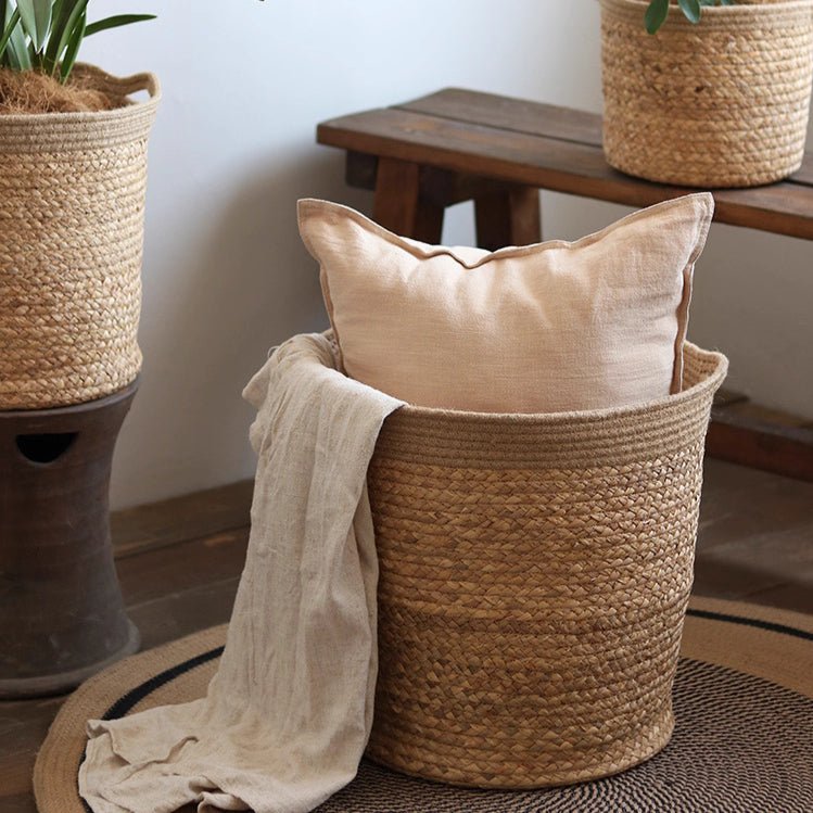 Natural Straw Cylinder Storage and Planter Basket