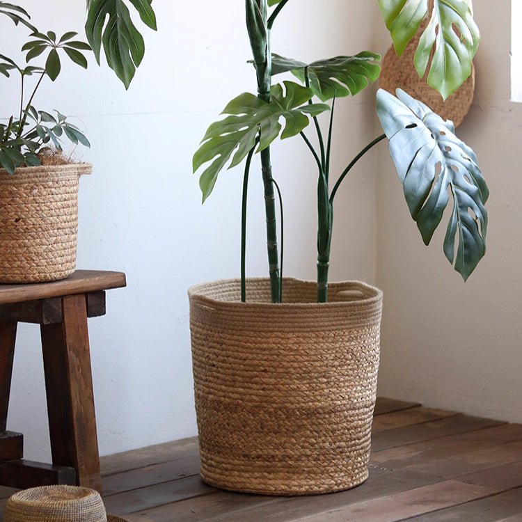 Natural Straw Cylinder Storage and Planter Basket