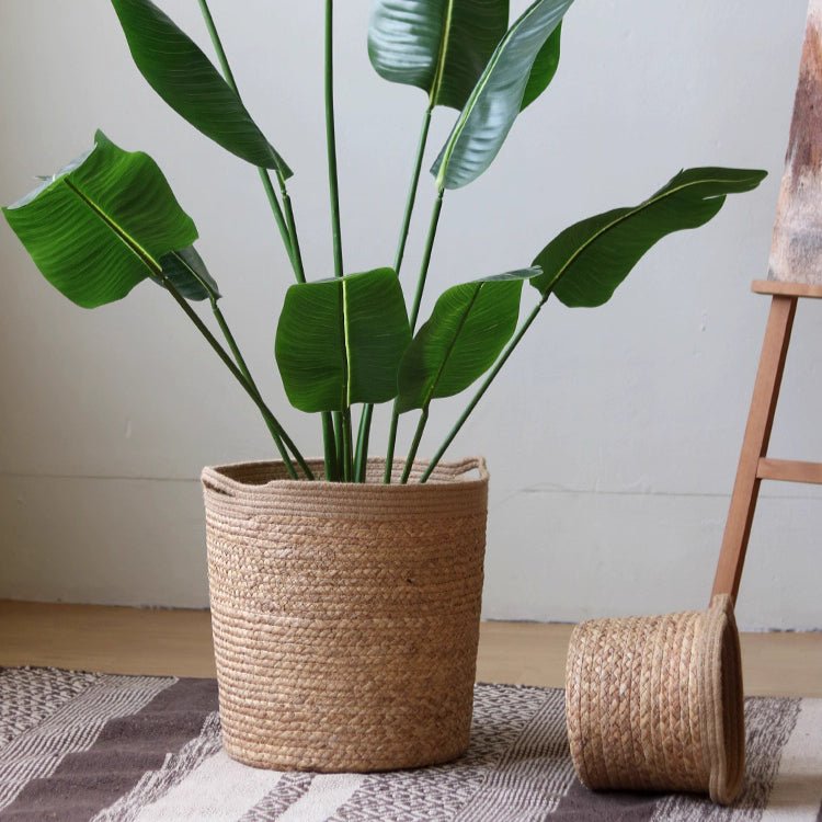 Natural Straw Cylinder Storage and Planter Basket