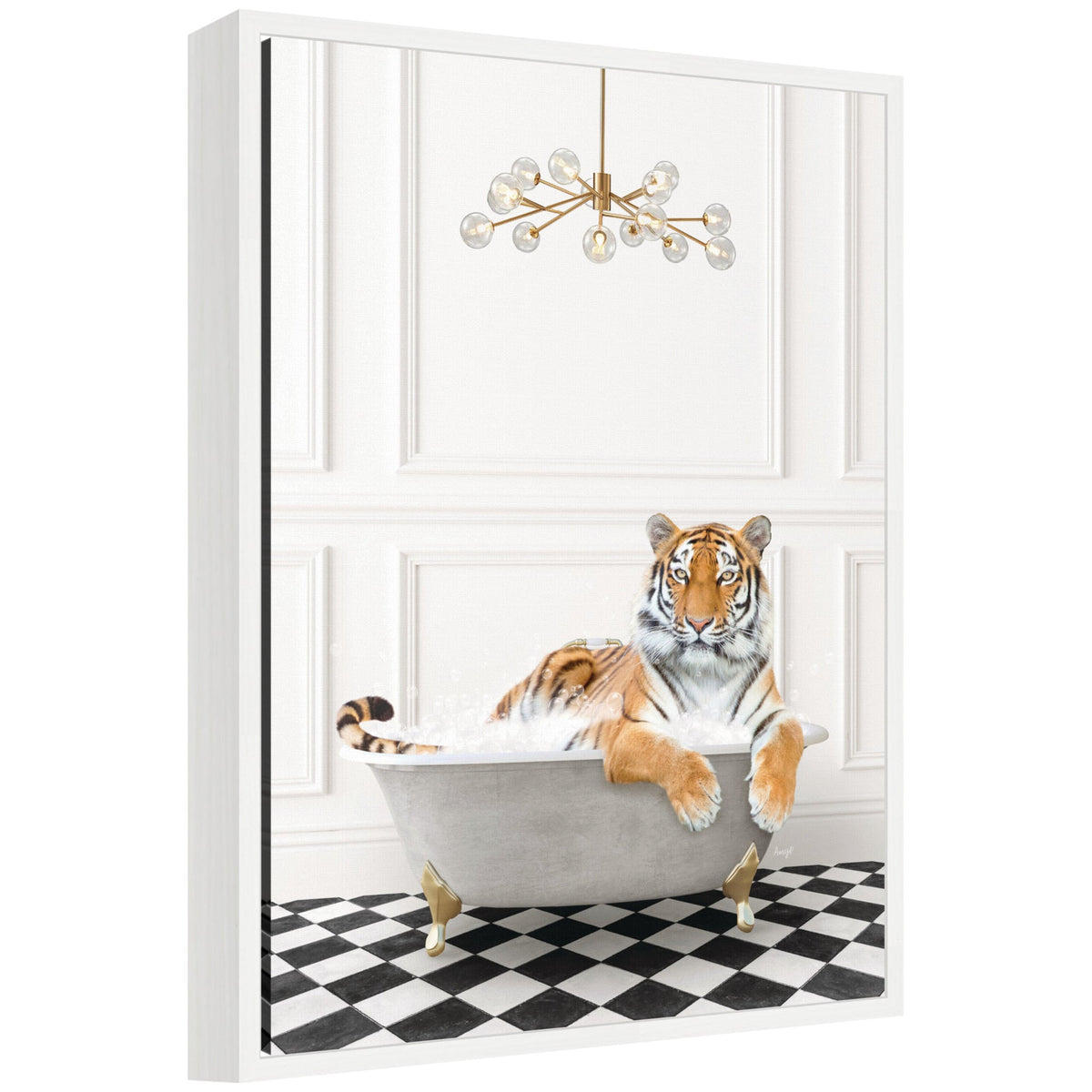 Sylvie Tiger in Gray Bathtub Checker Floor Framed Canvas by Amy Peterson