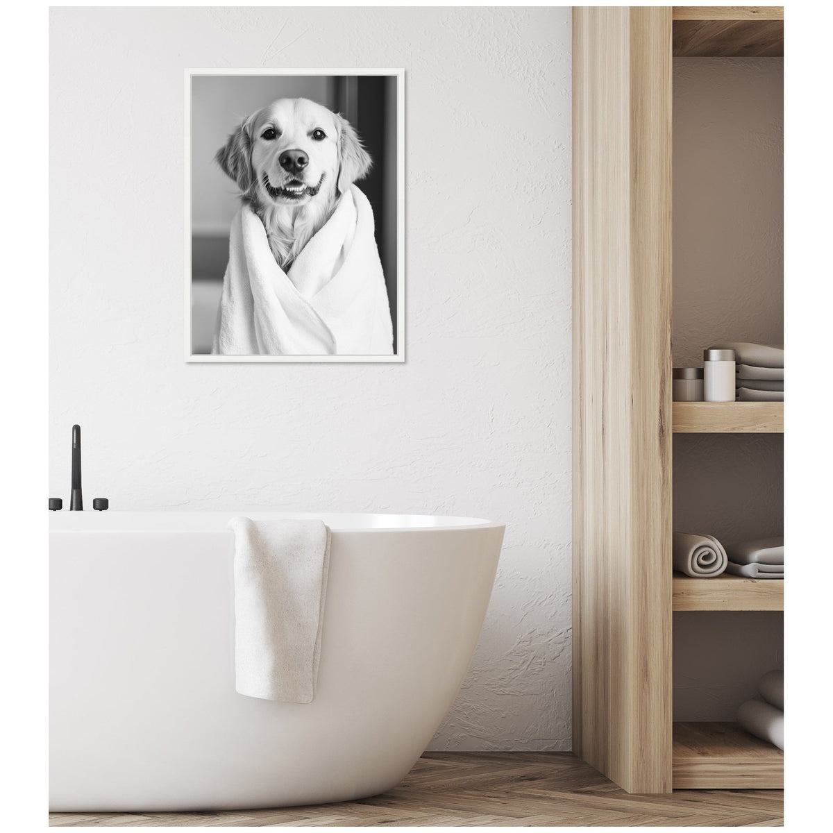 Sylvie Golden Retriever Bathroom Towel Robe Black and White Framed Canvas by The Creative Bunch Studio