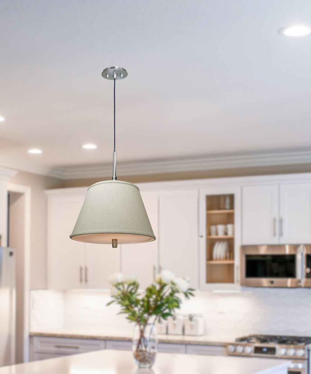Laura Ashley Hardwired Pendant Light, Satin Nickel, Textured Oatmeal Slotted Empire Shade with Diffuser, 16"W