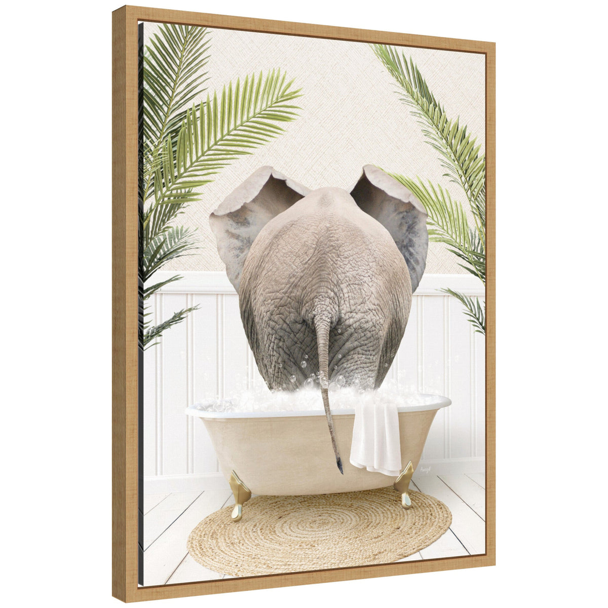 Sylvie Elephant Back in Palm Bathtub Framed Canvas by Amy Peterson