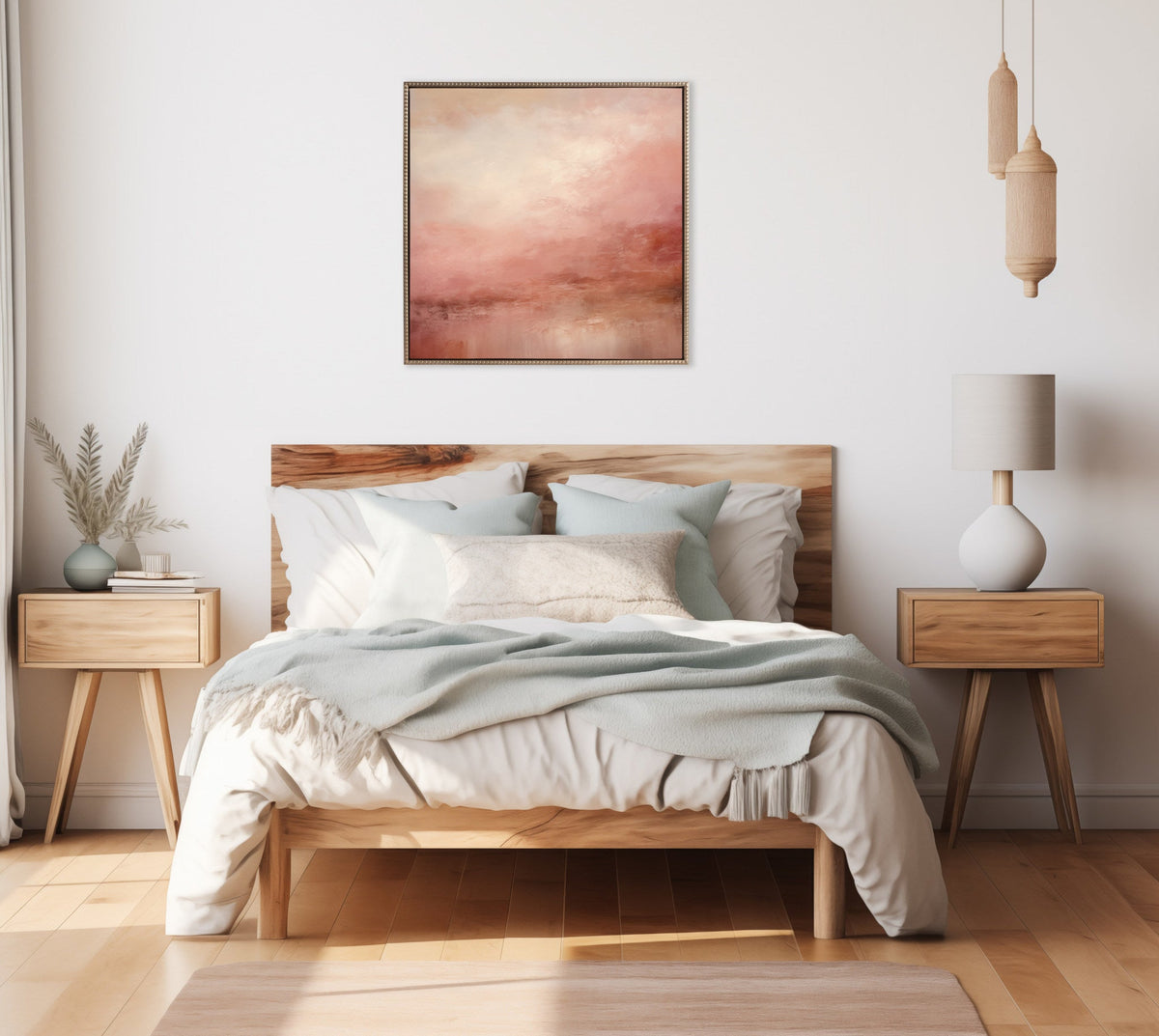 Sylvie Beaded Tonal Abstract Pink Beach Framed Canvas by The Creative Bunch Studio