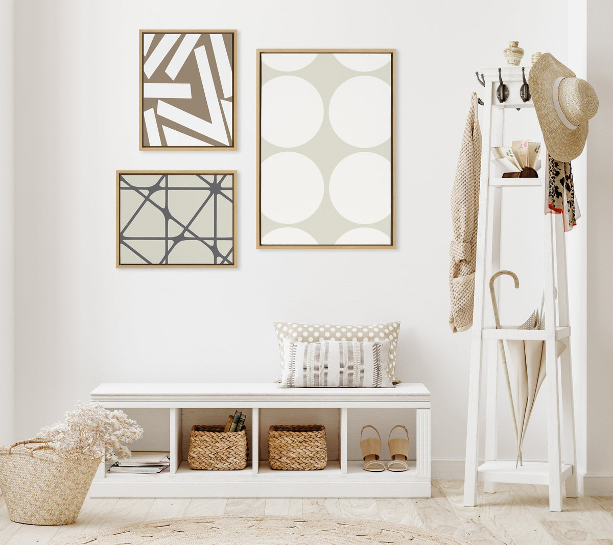 Sylvie Elevated Modern Neutral Dots, Neutral Pattern No 2 and Neutral Stained Glass Framed Canvas Set of 3 by The Creative Bunch Studio