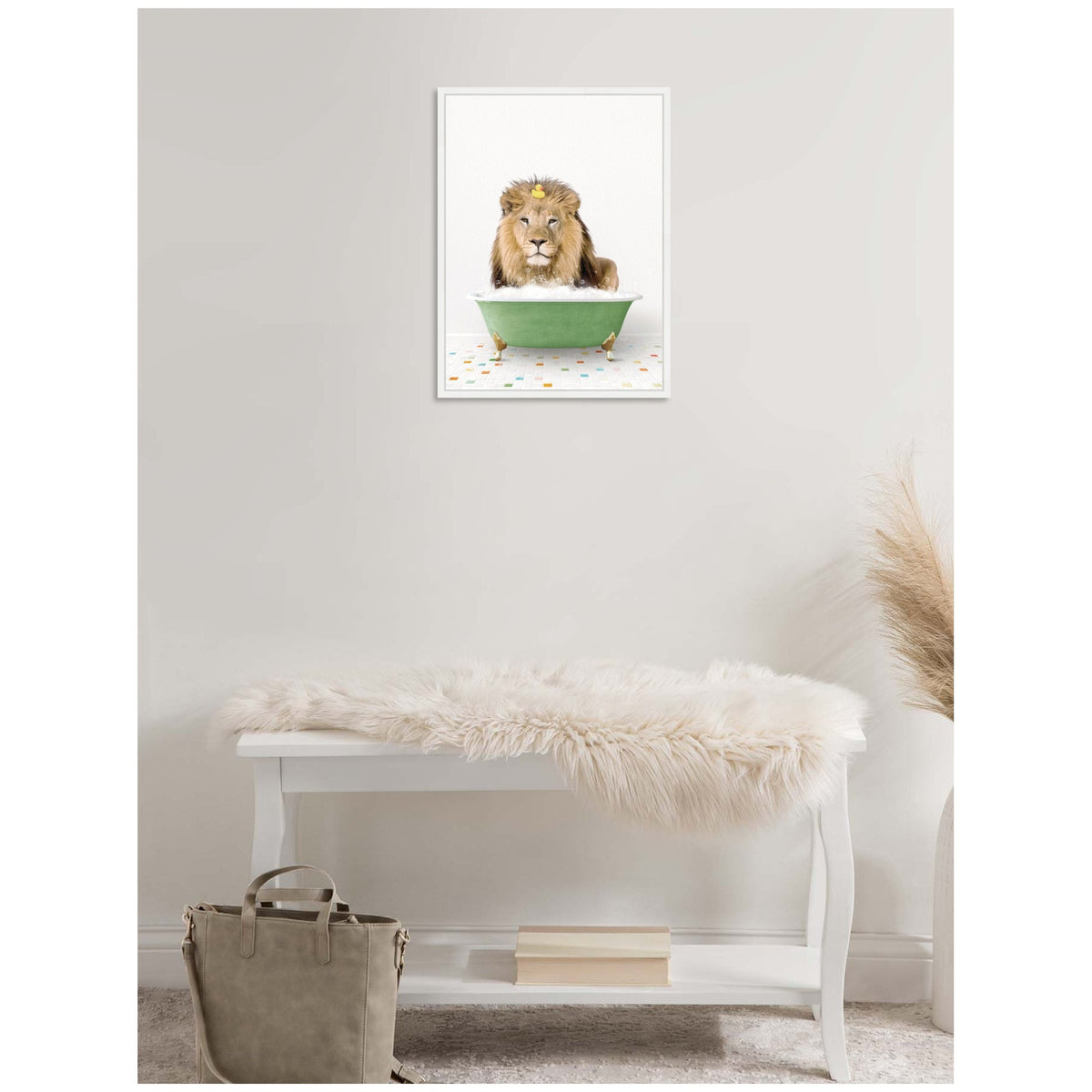 Sylvie Lion in Green Bathtub on Colored Tile Framed Canvas by Amy Peterson