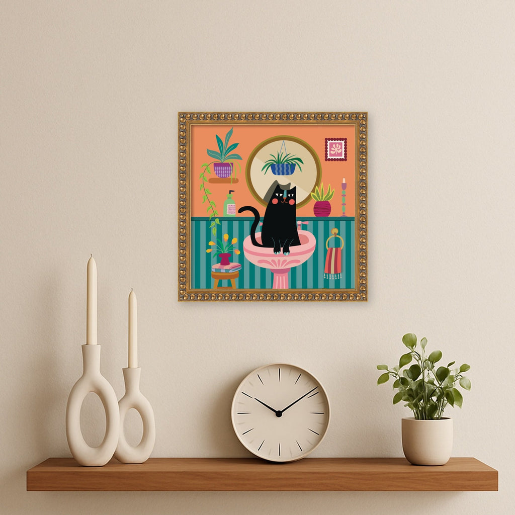 Black Cat Bathroom by Rachel Lee 3 Birdies Studio Framed Mounted Canvas Wall Art Print