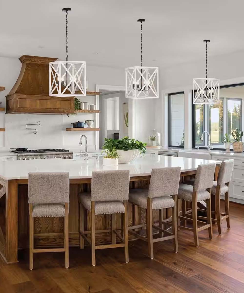 Alsy 16"W 4-Light Distressed White Caged Large Pendant Light Fixture, French Country Style