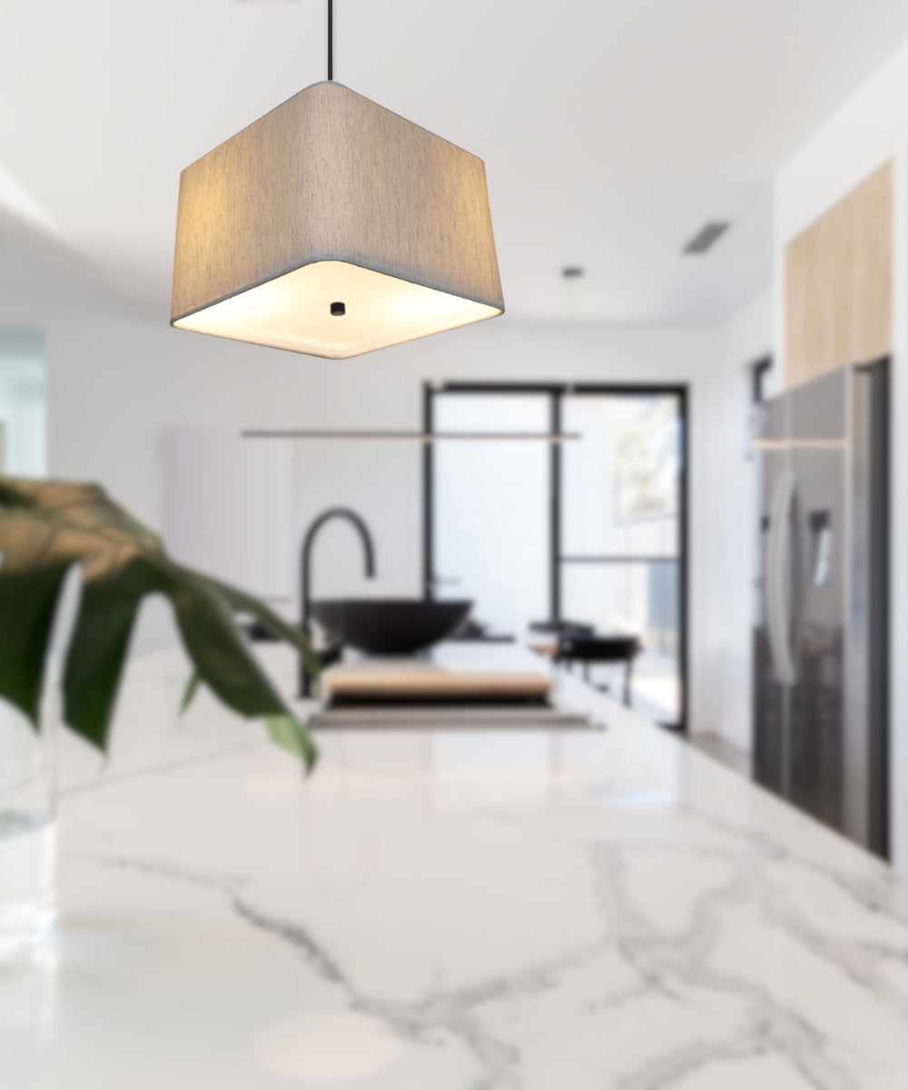 Home Concept 2-Light Pendant Light Rounded Corner Square Oatmeal Drum Shade with Diffuser, Black Cord - 12" W