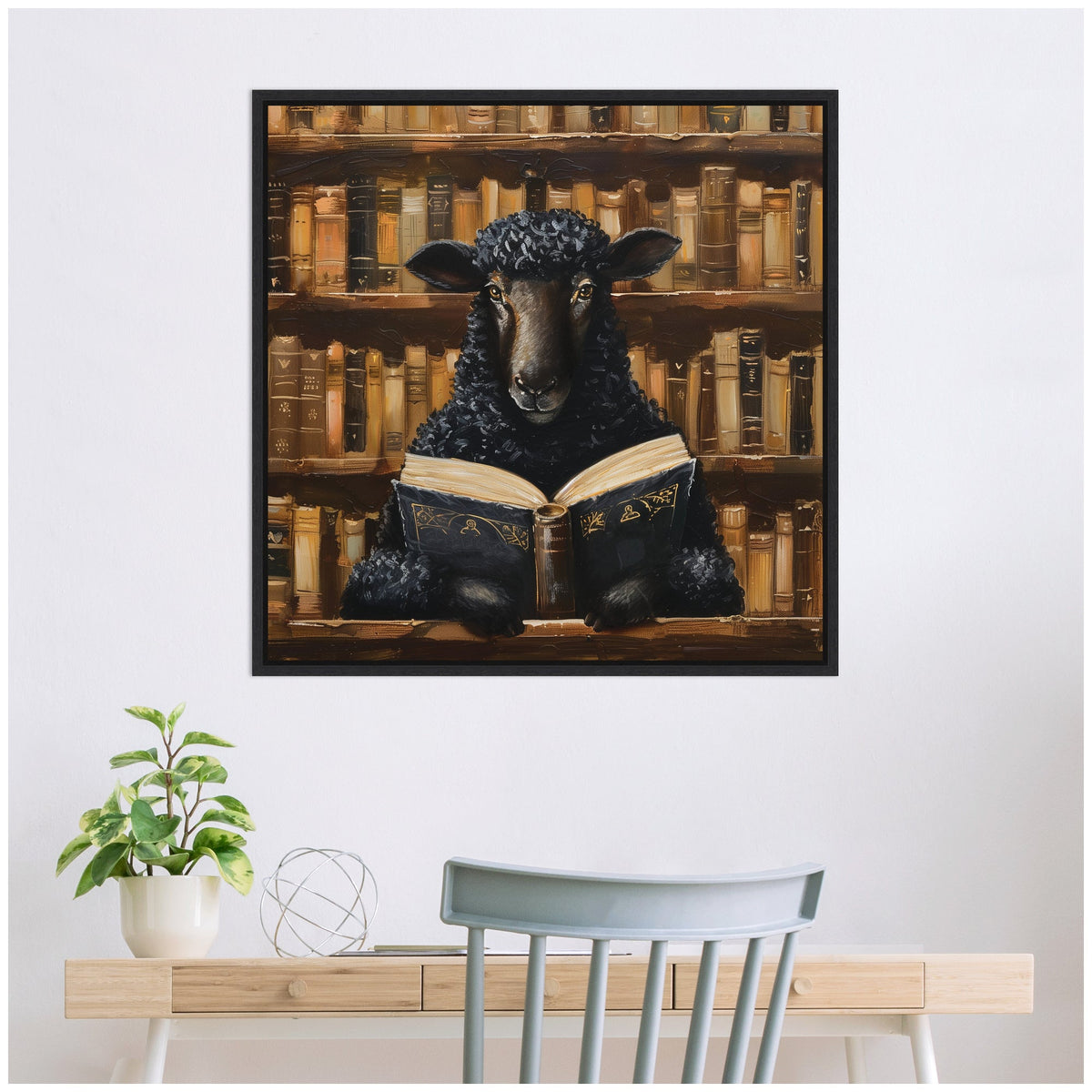 Sylvie Traditional Black Sheep Reading in Vintage Library Framed Canvas by The Creative Bunch Studio